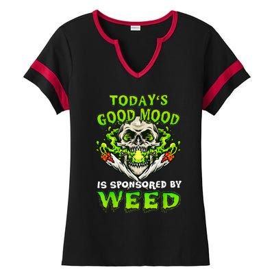 Funny Skeleton Smoking Weed Cannabis Marijuana Leaves Skull Ladies Halftime Notch Neck Tee