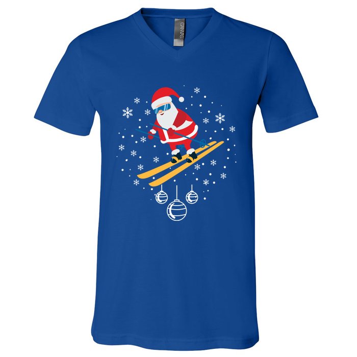 Funny Skiing Santa Christmas Ornat Xmas Pajama Ski Skier Gift V-Neck T-Shirt