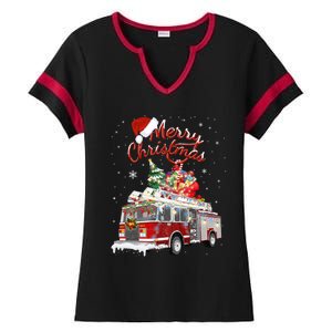 Firetruck Santa Sleigh Fire Christmas Firefighter Xmas Gift Ladies Halftime Notch Neck Tee