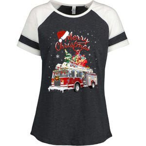 Firetruck Santa Sleigh Fire Christmas Firefighter Xmas Gift Enza Ladies Jersey Colorblock Tee