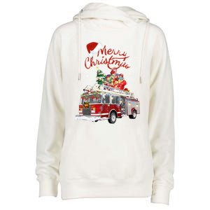 Firetruck Santa Sleigh Fire Christmas Firefighter Xmas Gift Womens Funnel Neck Pullover Hood