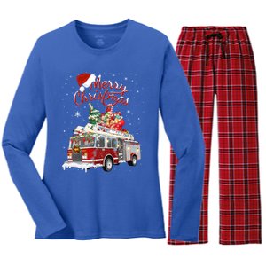 Firetruck Santa Sleigh Fire Christmas Firefighter Xmas Gift Women's Long Sleeve Flannel Pajama Set 