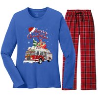 Firetruck Santa Sleigh Fire Christmas Firefighter Xmas Gift Women's Long Sleeve Flannel Pajama Set 