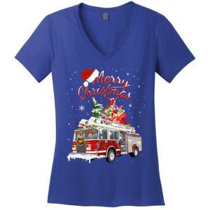 Firetruck Santa Sleigh Fire Christmas Firefighter Xmas Gift Women's V-Neck T-Shirt