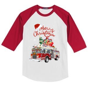 Firetruck Santa Sleigh Fire Christmas Firefighter Xmas Gift Kids Colorblock Raglan Jersey