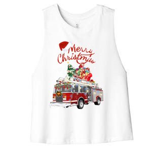 Firetruck Santa Sleigh Fire Christmas Firefighter Xmas Gift Women's Racerback Cropped Tank