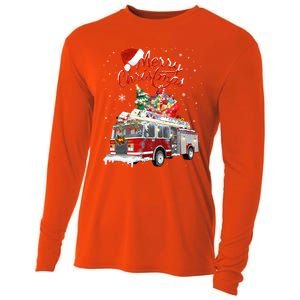 Firetruck Santa Sleigh Fire Christmas Firefighter Xmas Gift Cooling Performance Long Sleeve Crew