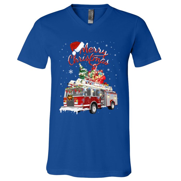 Firetruck Santa Sleigh Fire Christmas Firefighter Xmas Gift V-Neck T-Shirt