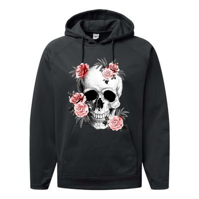 Floral Sugar Skull Rose Flowers Mycologist Gothic Goth Performance Fleece Hoodie