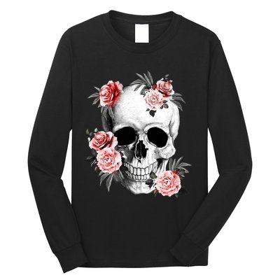 Floral Sugar Skull Rose Flowers Mycologist Gothic Goth Long Sleeve Shirt