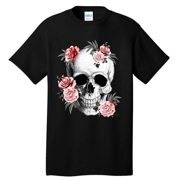 Floral Sugar Skull Rose Flowers Mycologist Gothic Goth Tall T-Shirt