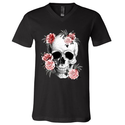 Floral Sugar Skull Rose Flowers Mycologist Gothic Goth V-Neck T-Shirt