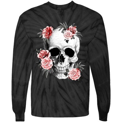 Floral Sugar Skull Rose Flowers Mycologist Gothic Goth Tie-Dye Long Sleeve Shirt