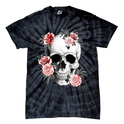 Floral Sugar Skull Rose Flowers Mycologist Gothic Goth Tie-Dye T-Shirt