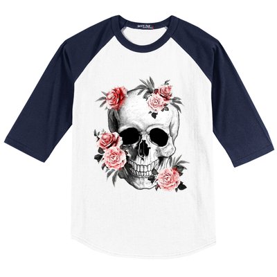 Floral Sugar Skull Rose Flowers Mycologist Gothic Goth Baseball Sleeve Shirt