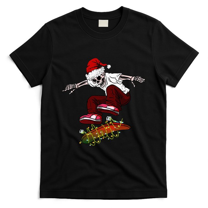 Funny Skeleton Skateboard Christmas Pajama Santa Skateboard T-Shirt