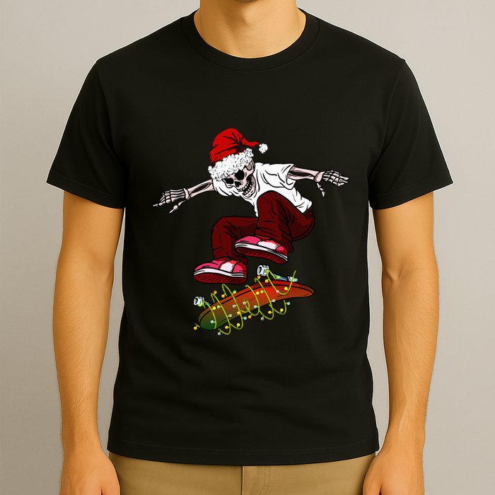 Funny Skeleton Skateboard Christmas Pajama Santa Skateboard T-Shirt