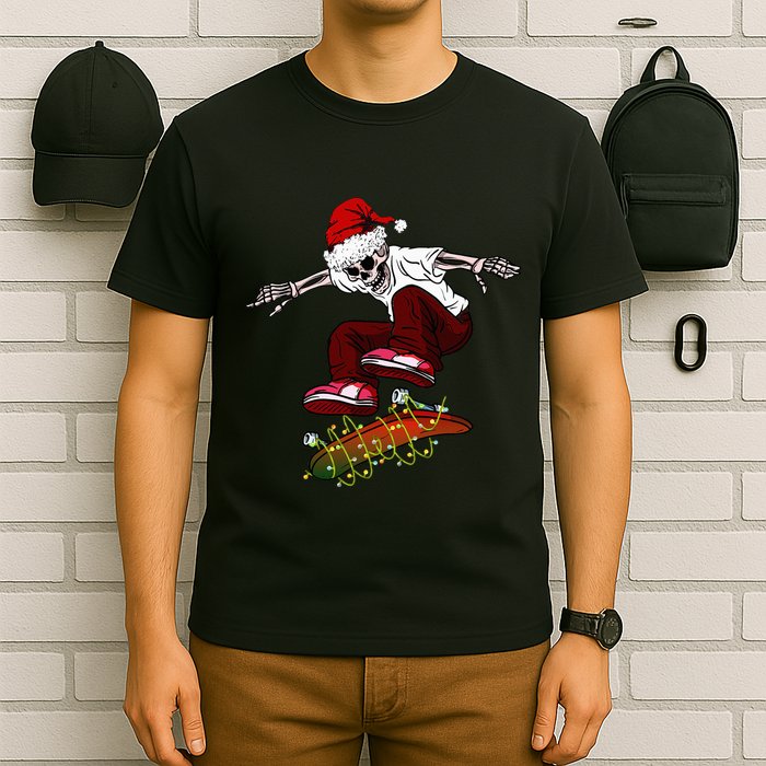 Funny Skeleton Skateboard Christmas Pajama Santa Skateboard T-Shirt