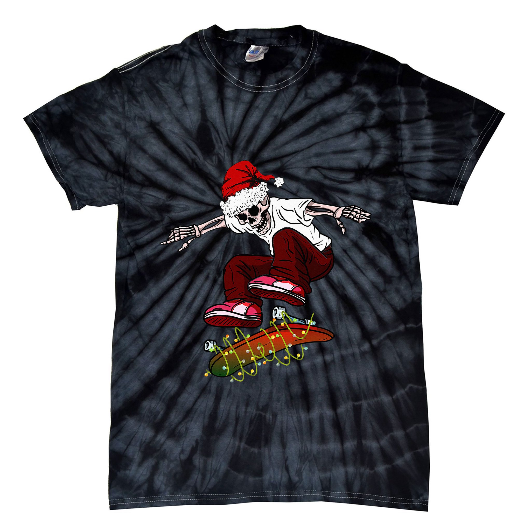 Funny Skeleton Skateboard Christmas Pajama Santa Skateboard Tie-Dye T-Shirt