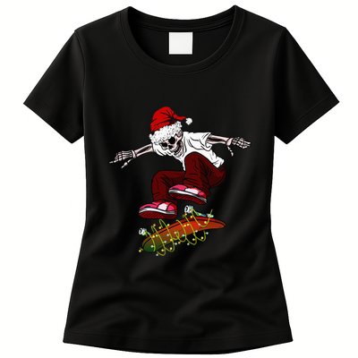 Funny Skeleton Skateboard Christmas Pajama Santa Skateboard Womens T-Shirt