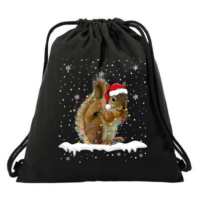 Funny Santa Squirrel Christmas Lights Animals Lover Gift Drawstring Bag