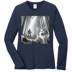 Funny Surprised Scared Cat Selfie With Sasquatsch Bigfoot Ladies Long Sleeve Shirt