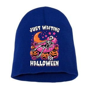 Funny Summerween Skeleton Just Waiting For Halloween Gift Short Acrylic Beanie