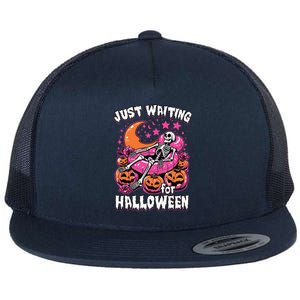 Funny Summerween Skeleton Just Waiting For Halloween Gift Flat Bill Trucker Hat