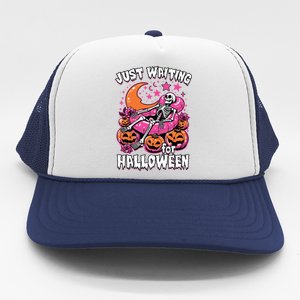 Funny Summerween Skeleton Just Waiting For Halloween Gift Trucker Hat