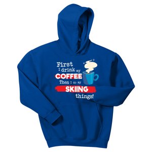 Funny Skiing Skier Saying But First Coffee Phrase Gift Kids Hoodie