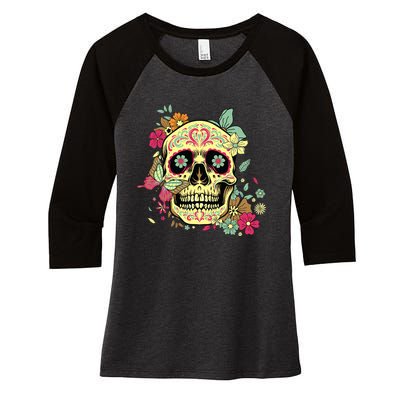 Floral Sugar Skull Dia de Los Muertos Dead   Women's Tri-Blend 3/4-Sleeve Raglan Shirt