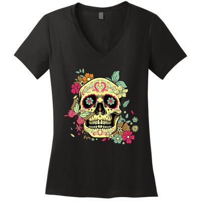 Floral Sugar Skull Dia de Los Muertos Dead   Women's V-Neck T-Shirt