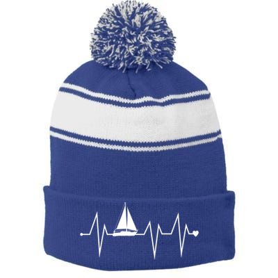 Funny Sailing Sailboat Sailor Heartbeat Heart Pulse Rate Ekg Gift Stripe Pom Pom Beanie