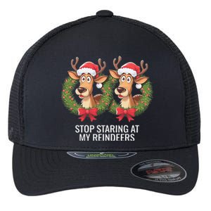 Funny Stop Staring At My Reindeers Boobs Ugly Gag Xmas Flexfit Unipanel Trucker Cap