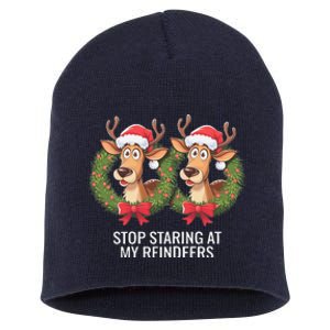 Funny Stop Staring At My Reindeers Boobs Ugly Gag Xmas Short Acrylic Beanie