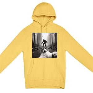 Funny Surprised Scared Cat Selfie With Sasquatsch Bigfoot Premium Pullover Hoodie