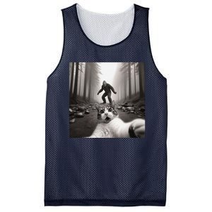 Funny Surprised Scared Cat Selfie With Sasquatsch Bigfoot Mesh Reversible Basketball Jersey Tank