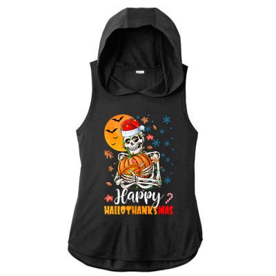 Funny Santa Skeleton Turkey & Pumpkin Happy HalloThanksMas Ladies PosiCharge Tri-Blend Wicking Draft Hoodie Tank