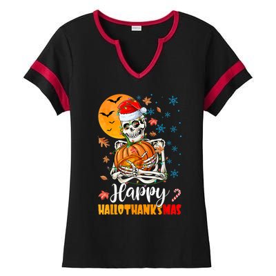 Funny Santa Skeleton Turkey & Pumpkin Happy HalloThanksMas Ladies Halftime Notch Neck Tee