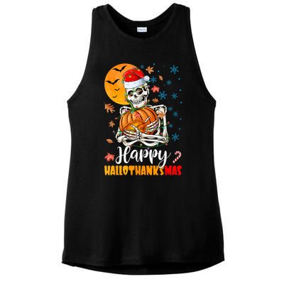 Funny Santa Skeleton Turkey & Pumpkin Happy HalloThanksMas Ladies PosiCharge Tri-Blend Wicking Tank