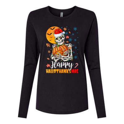 Funny Santa Skeleton Turkey & Pumpkin Happy HalloThanksMas Womens Cotton Relaxed Long Sleeve T-Shirt