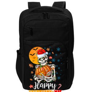 Funny Santa Skeleton Turkey & Pumpkin Happy HalloThanksMas Impact Tech Backpack