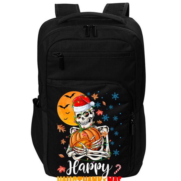 Funny Santa Skeleton Turkey & Pumpkin Happy HalloThanksMas Impact Tech Backpack