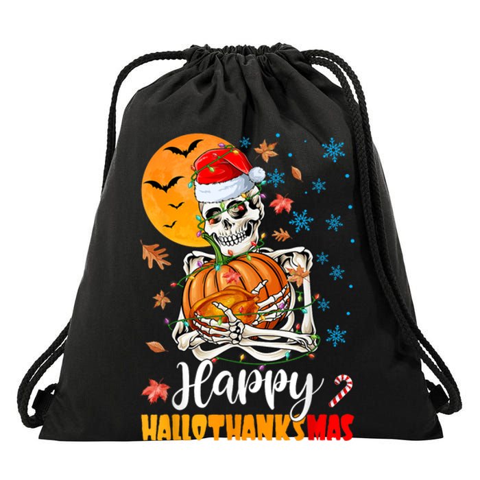 Funny Santa Skeleton Turkey & Pumpkin Happy HalloThanksMas Drawstring Bag