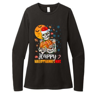 Funny Santa Skeleton Turkey & Pumpkin Happy HalloThanksMas Womens CVC Long Sleeve Shirt