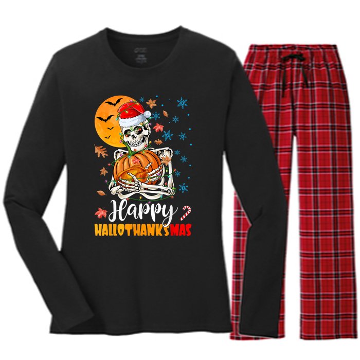 Funny Santa Skeleton Turkey & Pumpkin Happy HalloThanksMas Women's Long Sleeve Flannel Pajama Set 