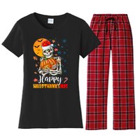 Funny Santa Skeleton Turkey & Pumpkin Happy HalloThanksMas Women's Flannel Pajama Set