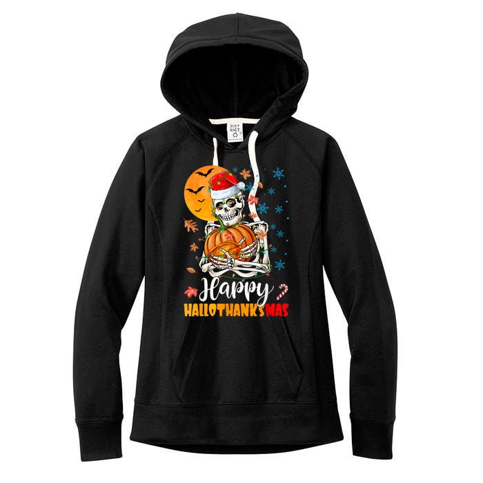 Funny Santa Skeleton Turkey & Pumpkin Happy HalloThanksMas Women's Fleece Hoodie