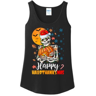 Funny Santa Skeleton Turkey & Pumpkin Happy HalloThanksMas Ladies Essential Tank