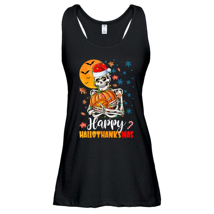 Funny Santa Skeleton Turkey & Pumpkin Happy HalloThanksMas Ladies Essential Flowy Tank